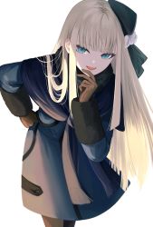 Rule 34 | 1girl, absurdres, beret, black hat, black pantyhose, blonde hair, blue dress, blue eyes, blue jacket, blue scarf, blush, breasts, brown gloves, cropped jacket, dress, fate (series), fur collar, gloves, grey rose, hat, highres, jacket, leaning forward, long hair, long sleeves, looking at viewer, lord el-melloi ii case files, open mouth, pantyhose, reines el-melloi archisorte, scarf, sidelocks, small breasts, smile, solo, thighs, tilted headwear, tobi (pixiv41237754)
