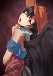 Rule 34 | 1girl, ;d, bad id, bad twitter id, bandana, bare shoulders, black hair, black wings, blue shirt, brown background, brown hat, commentary request, cowboy hat, feathered wings, hair between eyes, hand up, hat, hayasumi ( holiday ha), head tilt, highres, kurokoma saki, long hair, looking at viewer, looking back, off-shoulder shirt, off shoulder, one eye closed, open mouth, pink skirt, puffy short sleeves, puffy sleeves, red eyes, shirt, short sleeves, skirt, smile, solo, touhou, upper body, wings