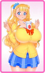 Rule 34 | 1girl, akiranime, between breasts, blonde hair, blue eyes, blush, breasts, bubble tea challenge, cleavage, cup, drink, drinking straw, galko, hair bun, huge breasts, large breasts, long hair, open mouth, oshiete! galko-chan, ponytail, ribbon, school uniform, shiny skin, side ponytail, single hair bun, single side bun, skirt, solo, standing, straw, thick thighs, thighs, tight clothes, uniform