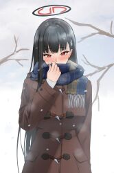 1girl absurdres asao_(asaomm12345) black_hair blue_archive branch breasts coat halo highres long_hair rio_(blue_archive) scarf snow snowing solo winter winter_clothes winter_coat