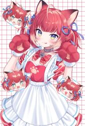 Rule 34 | 1girl, :3, :d, :q, absurdres, akami karubi, animal ears, animal hands, apron, ayame (3103942), blue eyes, cat ears, cat girl, collar, dress, fang, gloves, gradient eyes, highres, indie virtual youtuber, light brown hair, maid apron, metal collar, multicolored eyes, multicolored hair, name tag, open mouth, paw gloves, puffy short sleeves, puffy sleeves, red dress, red hair, short sleeves, short twintails, smile, tongue, tongue out, twintails, two-tone hair, virtual youtuber, white apron, yellow eyes