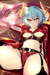 Rule 34 | 1girl, absurdres, agetama, black thighhighs, blue hair, breasts, cutoffs, foreshortening, garter straps, gloves, highres, horns, jacket, long sleeves, looking at viewer, majoca majoluna, navel, open clothes, open jacket, orange eyes, parted lips, red gloves, red jacket, short hair, short shorts, shorts, sitting, small breasts, solo, spread legs, stomach, thighhighs, tsurime, underboob
