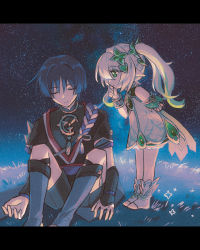 Rule 34 | 1boy, 1girl, arm armor, bare shoulders, belt, black border, black shirt, black shorts, black sky, blue hair, blue sky, boots, border, bracelet, closed eyes, closed mouth, cross-shaped pupils, detached sleeves, dress, genshin impact, gold, grass, green eyes, green hair, grey dress, grey footwear, grey hair, grey socks, hair between eyes, hair ornament, hand on own face, hand up, heart, heart hair ornament, highres, jewelry, long hair, looking at another, mandarin collar, mitsudomoe (shape), multicolored hair, nahida (genshin impact), necklace, night, night sky, no headwear, outdoors, pointy ears, pom pom (clothes), ponytail, purple belt, scaramouche (genshin impact), sh1osatou, shirt, short hair, short sleeves, shorts, sitting, sky, socks, standing, star (sky), star (symbol), starry sky, symbol-shaped pupils, tomoe (symbol), two-tone hair