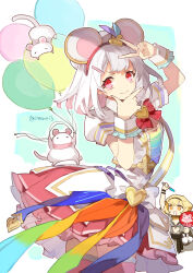 Rule 34 | 2girls, animal ears, arm up, balloon, bow, bowtie, cheering, closed mouth, cowboy shot, cyenmi3, djeeta (granblue fantasy), fake animal ears, granblue fantasy, hair ornament, hairband, hairclip, hand fan, hand on own chin, hand up, highres, holding glowstick, jacket, looking at viewer, mouse (animal), mouse tail, multiple girls, pink thighhighs, red eyes, red skirt, short sleeves, skirt, smile, solo focus, stroking own chin, tail, thighhighs, twitter username, v, vikala (granblue fantasy), white hair, white jacket, wrist cuffs