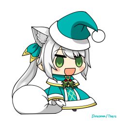Rule 34 | 1girl, :d, animal ear fluff, black footwear, blush, bow, capelet, chibi, commentary, dimusoika, dress, fur-trimmed capelet, fur trim, gift bag, gold trim, green bow, green capelet, green dress, green eyes, green hat, green santa costume, hair bow, hat, hizuki miu, holding, holding sack, holly, long hair, long sleeves, meme, open mouth, padoru (meme), sack, santa costume, santa dress, santa hat, side ponytail, sidelocks, signature, silver hair, smile, solo, standing, transparent background, triangle, very long hair, virtual youtuber, wactor production