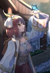 Rule 34 | 1girl, absurdres, atelier (series), atelier lydie &amp; suelle, atyao-299, blue butterfly, breasts, brown eyes, bug, butterfly, collared coat, corset, dress, head scarf, highres, insect, long sleeves, medium breasts, outdoors, red hair, red skirt, short hair, skirt, smile, solo, sophie neuenmuller, white headwear, wide sleeves, window