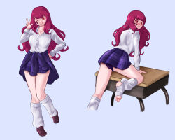 Rule 34 | 1girl, absurdres, blush, clothes around waist, desk, facial mark, fire emblem, fire emblem engage, full-face blush, full body, hair ornament, highres, long hair, long sleeves, looking at viewer, looking back, nintendo, obsidianwasp, on desk, one eye closed, panties, purple panties, purple skirt, red eyes, red hair, school uniform, shirt, shoes, sitting, skirt, smile, socks, solo, star (symbol), star facial mark, star hair ornament, sweater, sweater around waist, underwear, v, white shirt, white socks, yunaka (fire emblem)