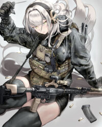 Rule 34 | 1girl, assault rifle, black shorts, black thighhighs, breasts, camouflage, check weapon, chest rig, flashlight, green jacket, gun, jacket, large breasts, lmt cqb, looking at viewer, magazine (weapon), medium breasts, optical sight, original, rifle, serious, shorts, solo, thick thighs, thighhighs, thighs, utsucan, weapon, white background, white hair, woodland camouflage