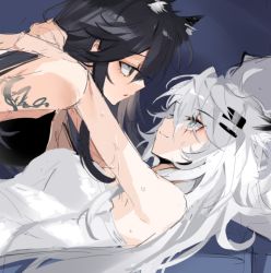 Rule 34 | 2girls, animal ear fluff, animal ears, arknights, arm tattoo, arms around neck, bare shoulders, black hair, brown eyes, commentary, eye contact, face-to-face, grey eyes, grey hair, hair ornament, hairclip, lappland (arknights), long hair, looking at another, meng ziya, multiple girls, parted lips, scar, scar across eye, sketch, smile, sweat, symbol-only commentary, tattoo, texas (arknights), upper body, wolf ears, yuri