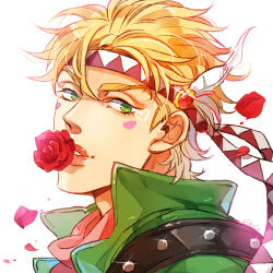 Rule 34 | 1boy, blonde hair, caesar anthonio zeppeli, facial mark, feather hair ornament, feathers, flower, green eyes, feather hair ornament, hatoyama itsuru, headband, heart, jojo no kimyou na bouken, lowres, male focus, mouth hold, petals, red flower, red rose, rose, solo