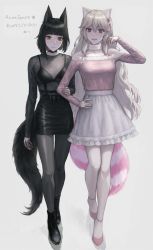 Rule 34 | 2girls, animal ears, arm up, belt, black legwear, blush, bra, breasts, cat ears, cat tail, commission, eyebrows hidden by hair, grey background, hair between eyes, highres, holding another&#039;s arm, long hair, looking at viewer, multiple girls, open mouth, original, purple eyes, short hair, simple background, skeb commission, skirt, smile, tail, thighhighs, underwear, white legwear, yellow eyes, yuikawa (00hyr)