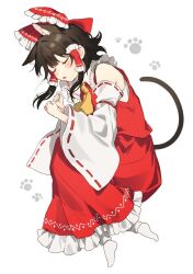 Rule 34 | 1girl, animal ear fluff, animal ears, bare shoulders, black hair, blush, bow, cat ears, cat tail, closed eyes, detached sleeves, from side, full body, hair bow, hair tubes, hakurei reimu, highres, jill 07km, kemonomimi mode, long sleeves, medium hair, open mouth, paw print, red skirt, red vest, ribbon-trimmed sleeves, ribbon trim, simple background, skirt, sleeping, solo, tail, touhou, vest, white background