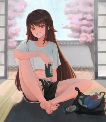 Rule 34 | 1girl, bag, barefoot, black shorts, breasts, brown hair, can, cherry blossoms, crop top, day, feet, grin, holding, last origin, long hair, looking at viewer, navel, nyanom, on floor, petals, red eyes, shirt, short sleeves, shorts, sitting, sleipnir (last origin), smile, solo, tree, very long hair, white shirt