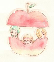 Rule 34 | 3boys, apple, black hair, blonde hair, chibi, eating, food, fruit, gradient background, green hair, hair over one eye, hat, male focus, mini person, miniboy, monkey d. luffy, multiple boys, one-eyed, one piece, roronoa zoro, sanji (one piece), straw hat
