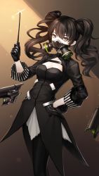 Rule 34 | 1girl, conductor baton, black dress, black gloves, black pantyhose, breasts, brown background, brown eyes, brown hair, collarbone, dress, gas mask, girls&#039; frontline, gloves, green eyes, hand on own hip, highres, holding, long hair, looking at viewer, mask, medium breasts, npt shizuka, pantyhose, sangvis ferri, scarecrow (girls&#039; frontline), solo, sparkle, standing, twintails