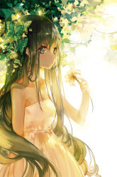 Rule 34 | 1girl, animal, bare arms, blue eyes, blue hair, bug, butterfly, colored eyelashes, cowboy shot, dress, expressionless, flower, hatsune miku, holding, holding flower, bug, kinokohime, kinokohime (mican02rl), leaf, long hair, matching hair/eyes, outdoors, simple background, solo, standing, strapless, strapless dress, tree, under tree, very long hair, vocaloid, white background, white dress