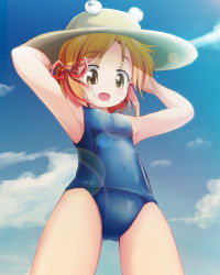 Rule 34 | 1girl, armpits, arms up, bad id, bad pixiv id, blonde hair, female focus, from below, hair ribbon, hat, looking at viewer, mesou-san, moriya suwako, one-piece swimsuit, open mouth, ribbon, school swimsuit, short hair, solo, sunlight, swimsuit, touhou, yellow eyes