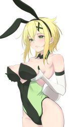 Rule 34 | 1girl, absurdres, akatsuki kirika, animal ears, bare shoulders, black leotard, blaze (blaze pso2), blonde hair, blush, breast hold, breasts, closed mouth, commentary request, dated commentary, detached collar, elbow gloves, fake animal ears, fake tail, gloves, green leotard, hair between eyes, hair ornament, highres, large breasts, leotard, looking ahead, nipples, playboy bunny, rabbit ears, rabbit tail, senki zesshou symphogear, short hair, sidelocks, simple background, solo, strapless, strapless leotard, tail, two-tone leotard, white background, white gloves, x hair ornament