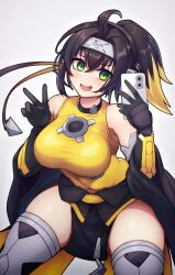 Rule 34 | 1girl, ahoge, bare shoulders, black hair, blonde hair, breasts, commission, duel monster, forehead protector, gloves, gradient hair, green eyes, highres, large breasts, multicolored hair, pixiv commission, poifuru, ponytail, s-force rappa chiyomaru, selfie, solo, thighhighs, white background, yu-gi-oh!