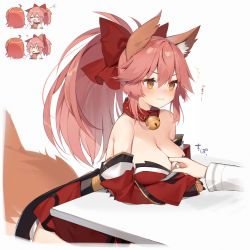 Rule 34 | 2girls, :3, ?, ^^^, ahoge, animal ear fluff, animal ears, animal hands, bell, blush, bow, breasts, chibi, chibi inset, cleavage, closed mouth, collar, collarbone, commentary request, detached sleeves, fate/grand order, fate (series), finger between breasts, finger in another&#039;s mouth, fox ears, fox girl, fox tail, fujimaru ritsuka (female), gloves, hair between eyes, hair bow, highres, japanese clothes, jingle bell, kimono, large breasts, long sleeves, multiple girls, muryotaro, orange eyes, orange hair, paw gloves, pink hair, ponytail, red bow, red kimono, simple background, smile, solo focus, strapless, sweat, table, tail, tamamo (fate), tamamo cat (fate), translated, v-shaped eyebrows, white background, yawning, yuri