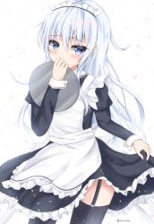 Rule 34 | 1girl, alternate costume, apron, black dress, blue eyes, commentary request, cowboy shot, dress, enmaided, frilled apron, frills, garter straps, hibiki (kancolle), highres, kantai collection, long hair, looking at viewer, maid, maid headdress, solo, standing, tray, white apron, white hair, yurasuku