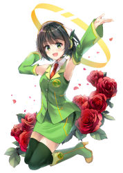 Rule 34 | 1girl, :d, armpits, arms up, bad id, bad pixiv id, bare shoulders, black hair, blush, boots, breasts, buttons, collared shirt, detached sleeves, flower, green eyes, green footwear, green shirt, green skirt, green thighhighs, headphones, high heel boots, high heels, knee boots, kyoumachi seika, legs up, long sleeves, looking at viewer, necktie, official art, open mouth, outstretched arm, pencil skirt, red flower, red necktie, rose, shirt, short hair, skirt, small breasts, smile, solo, suihi, thighhighs, undershirt, voiceroid, white shirt, wing collar, zettai ryouiki