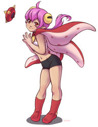 Rule 34 | 1girl, ahoge, ankle boots, bike shorts, boots, flat chest, full body, kathleen lim, long hair, low ponytail, monster super league, navel, own hands together, personification, pointy ears, purple hair, red eyes, sarashi, seastar (monster super league), simple background, solo, standing, starfish, white background