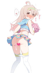Rule 34 | 1girl, absurdres, ahoge, ass, bare shoulders, blue sailor collar, blue shirt, blue skirt, blush, brown eyes, censored, cheerleader, colored inner hair, commentary request, cropped shirt, english text, frilled shirt, frills, from behind, grey hair, hair between eyes, hairband, half-closed eyes, hands up, heart, heart censor, highres, layered skirt, long hair, looking at viewer, looking back, miniskirt, multicolored clothes, multicolored hair, multicolored hairband, multicolored shirt, multicolored thighhighs, nekono matatabi, nose blush, onii-chan wa oshimai!, open mouth, oyama mahiro, panties, panty pull, pink hair, pink skirt, pleated skirt, pom pom (cheerleading), pussy juice, sailor collar, sailor shirt, shirt, simple background, skindentation, skirt, solo, sound effects, speech bubble, standing, thighhighs, two-tone hair, underwear, white background, white panties, white thighhighs, white wristband, yellow hairband
