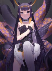 Rule 34 | 1girl, absurdres, animal ears, ao-chan (ninomae ina&#039;nis), black eyes, black hair, black leotard, blunt bangs, book, commentary, extra ears, feathered wings, glow (user hnpv7785), halo, highres, holding, holding book, hololive, hololive english, leotard, long hair, looking at viewer, low wings, ninomae ina&#039;nis, pointy ears, sidelocks, simple background, single thighhigh, smile, solo, strapless, strapless leotard, tentacle hair, tentacles, thighhighs, virtual youtuber, white thighhighs, white wings, wings