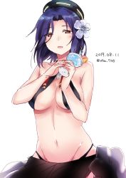 Rule 34 | 1girl, bikini, black bikini, breasts, brown eyes, cup, flower, hair flower, hair ornament, halo, hibiscus, holding, holding cup, kansho (stm 735), kantai collection, large breasts, mechanical halo, open mouth, purple hair, sarong, short hair, simple background, solo, swimsuit, tatsuta (kancolle), tropical drink, white background, white flower