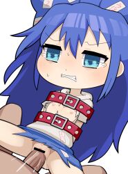 Rule 34 | 1boy, 1girl, bar censor, belt, blue bow, blue eyes, blue hair, blue skirt, bound, bound arms, bow, censored, clenched teeth, commentary, cookie (touhou), cowboy shot, dashed eyes, debt, flat chest, grey hoodie, hair between eyes, hair bow, hetero, hood, hood down, hoodie, hospital king, long bangs, long hair, motion lines, nipples, penis, pussy, red belt, sex, short sleeves, simple background, skirt, solo focus, tearing up, teeth, textless version, torn clothes, torn hoodie, torn skirt, touhou, vaginal, white background, yorigami shion, zerukalo (cookie)
