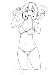 Rule 34 | 1girl, bikini, breasts, cleavage, collarbone, gluteal fold, greyscale, hayasui (kancolle), kantai collection, lineart, medium breasts, monochrome, navel, open mouth, short hair, smile, solo, standing, swimsuit, tamu (mad works), teeth, towel, upper teeth only, wading, wet