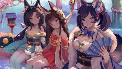 Rule 34 | 3girls, :d, animal ear fluff, animal ears, antenna hair, azur lane, bare shoulders, black hair, blue eyes, blunt bangs, blush, bow, breasts, brown eyes, cherry blossoms, cleavage, closed mouth, commentary request, flat chest, flower, folding fan, fox, fox ears, fox tail, green bow, green kimono, hair bow, hair flower, hair ornament, hand fan, head tilt, highres, holding, holding fan, japanese clothes, jintsuu (azur lane), kimono, large breasts, long hair, long sleeves, looking at viewer, low twintails, manjuu (azur lane), meowlian, multiple girls, nagato (azur lane), off shoulder, open mouth, ponytail, purple hair, red eyes, sitting, smile, tail, thighhighs, tree, twintails, very long hair, water, white legwear, wide sleeves, yuubari (azur lane)