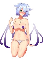 Rule 34 | 1girl, alcohol, aqua eyes, areola slip, bare legs, bare shoulders, blue hair, blue nails, blush, breasts, cameltoe, cleavage, cleft of venus, cup, drunk, elira pendora, embarrassed, fang, hair ornament, hair over one eye, hair wings, hairclip, heterochromia, highres, large breasts, looking at viewer, mizmillificent, mole, mole on armpit, navel, nijisanji, nijisanji en, off shoulder, open mouth, panties, pasties, purple nails, short hair, sitting, solo, sweat, thighs, underwear, virtual youtuber, wings