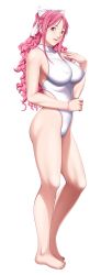 Rule 34 | 1girl, bare shoulders, barefoot, breasts, full body, hair ribbon, hand on own chest, highleg, highres, kusukawa suzune, large breasts, looking at viewer, one-piece swimsuit, p/a ~potential ability~, pink hair, purple eyes, ribbon, sei shoujo, simple background, smile, solo, swimsuit, transparent background