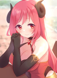 Rule 34 | 1girl, bare shoulders, black gloves, blurry, blurry background, blush, breasts, cleavage, closed mouth, collarbone, curled horns, depth of field, dress, elbow gloves, gloves, gucchiann, highres, horns, io (princess connect!), large breasts, long hair, looking at viewer, princess connect!, red dress, red eyes, red hair, solo, very long hair