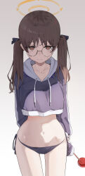 Rule 34 | 1girl, absurdres, bikini, bikini bottom only, black bikini, blue archive, blue hoodie, blush, brown hair, candy, collarbone, cropped hoodie, food, halo, highres, holding, holding candy, holding food, hood, hoodie, looking at viewer, lovelyme, moe (blue archive), moe (swimsuit) (blue archive), navel, side-tie bikini bottom, simple background, solo, stomach, sweatdrop, swimsuit, twintails
