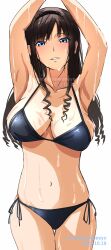 Rule 34 | 1girl, absurdres, amagami, armpits, bikini, black bikini, black hair, black hairband, blue eyes, breasts, collarbone, cowboy shot, curly hair, dated, drill hair, hairband, hands up, highres, large breasts, long hair, looking at viewer, mitojyaneeeeyo, morishima haruka, navel, side-tie bikini bottom, simple background, solo, swimsuit, twitter username, wet, white background