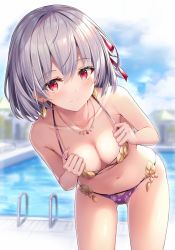 1girl bare_shoulders bikini bikini_bottom_only blush breasts breasts_squeezed_together cleavage collarbone cowboy_shot day earrings fate/grand_order fate_(series) hair_ribbon highres jewelry kama_(fate) looking_at_viewer medium_breasts mismatched_bikini outdoors pool purple_bikini red_eyes ribbon rin_yuu short_hair silver_hair simple_background smile solo swimsuit thighs