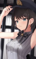 Rule 34 | 1girl, aqua eyes, arched back, armpits, arms up, black bow, black bowtie, blurry, blurry background, blush, bow, bowtie, breasts, brown hair, commentary request, grey shirt, hand on headwear, hat, highres, hololive, looking to the side, medium breasts, medium hair, oozora subaru, oozora subaru (work), police hat, shirt, sidelocks, sleeveless, sleeveless shirt, solo, striped clothes, striped shirt, suspenders, swept bangs, thomas 8000, upper body, vertical-striped clothes, vertical-striped shirt, virtual youtuber