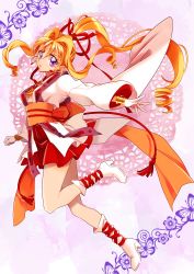 Rule 34 | 1girl, back bow, blonde hair, boots, bow, earrings, full body, gloves, hair bow, hair intakes, hair ribbon, highres, jewelry, kaitou jeanne, kamikaze kaitou jeanne, knee boots, kusakabe maron, long hair, looking at viewer, magical girl, official style, orange bow, ponytail, purple background, purple eyes, red bow, red ribbon, red skirt, ribbon, sidelocks, skirt, solo, white footwear, white gloves, yoshika (draw-happy-picture)