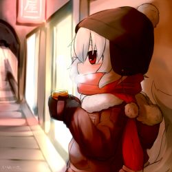 Rule 34 | 1girl, alternate costume, bad id, bad pixiv id, can, canned coffee, coat, drink can, hat, holding, inubashiri momiji, inunoko., looking at viewer, red eyes, scarf, short hair, solo, steam, tail, touhou, white hair, wolf tail