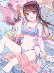 Rule 34 | &gt;:3, 1girl, :3, absurdres, adapted costume, animal print, arm at side, arm support, bare legs, bare shoulders, beach umbrella, bikini, blue bikini, blush stickers, breasts, brown eyes, brown hair, charm (object), collarbone, cup, d.va (overwatch), day, drinking glass, drinking straw, facepaint, facial mark, fang, food, fruit, glass, goggles, goggles on head, groin, hand up, highres, holding, innertube, knee up, lemon, lemon slice, long hair, looking at viewer, matching hair/eyes, mecha, medium breasts, meka (overwatch), navel, open mouth, outdoors, overwatch, overwatch 1, pachimari, partially submerged, pool, poolside, rabbit print, robot, side-tie bikini bottom, sitting, smile, snorkel, soaking feet, solo, sora (zwz030), stuffed animal, stuffed octopus, stuffed toy, swim ring, swimsuit, teeth, towel, umbrella, v-shaped eyebrows, wading, water, water drop, water gun, whisker markings
