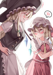 Rule 34 | 2girls, absurdres, anger vein, apron, ascot, black headwear, black vest, blonde hair, bow, braid, closed mouth, cowboy shot, crossed arms, crystal, eyebrows hidden by hair, flandre scarlet, green bow, grin, hair bow, hat, hat ribbon, highres, kirisame marisa, long hair, looking at another, mahoro (minase mahoro), multiple girls, one side up, pout, puffy short sleeves, puffy sleeves, red eyes, red ribbon, red shirt, red skirt, ribbon, shirt, short hair, short sleeves, side braid, simple background, single braid, skirt, smile, spoken anger vein, standing, touhou, vest, waist apron, white background, white headwear, white shirt, wings, witch hat, yellow ascot, yellow eyes