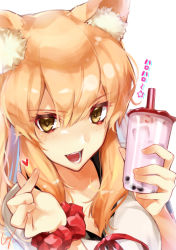 Rule 34 | 1girl, absurdres, animal ear fluff, animal ears, bad id, bad pixiv id, blonde hair, blush, breasts, bubble tea, cup, drinking straw, fate/grand order, fate (series), fox ears, fox tail, gyaru, hair between eyes, highres, holding, holding cup, large breasts, long hair, looking at viewer, open mouth, red scrunchie, school uniform, scrunchie, short sleeves, signature, smile, solo, suzuka gozen (fate), tail, upper body, utayoi (umakatare), white background, wrist scrunchie, yellow eyes