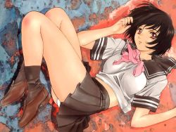 1girl black_hair female_focus kobayashi_hiyoko legs lying panties pantyshot red_eyes school_uniform serafuku short_hair solo underwear