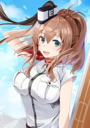 Rule 34 | 10s, 1girl, anchor, arm behind head, belt, blouse, blue eyes, breasts, brown hair, cloud, day, eyebrows, flight deck, funnel, hair between eyes, highres, kantai collection, large breasts, long hair, looking at viewer, neckerchief, open mouth, pocket, ponytail, red belt, red neckerchief, saratoga (kancolle), shirt, short sleeves, side ponytail, sky, solo, white shirt, wind, wind lift, yuna (yukiyuna)