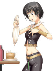 Rule 34 | 00s, 1girl, black eyes, black hair, cake, cool &amp; sexy (idolmaster), cowboy shot, food, icing, idolmaster, idolmaster (classic), idolmaster 1, kikuchi makoto, midriff, navel, open mouth, pastry, pastry bag, plate, short hair, simple background, solo, sweat, table, tanaka shoutarou, white background
