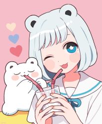 Rule 34 | 1girl, animal ears, bad id, bad pixiv id, bear, bear ears, blue eyes, blush, closed eyes, cup, drinking, drinking straw, emma (kumaema), heart, highres, holding, holding cup, medium hair, one eye closed, open mouth, original, pink background, sailor collar, shirt, short sleeves, silver hair, sitting, smile, star-shaped pupils, star (symbol), symbol-shaped pupils, upper body, white shirt