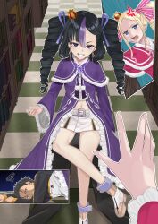 Rule 34 | 1boy, 2girls, absurdres, anger vein, beatrice (re:zero), belt, black hair, blonde hair, blue eyes, breasts, butterfly-shaped pupils, capelet, crossed legs, crown, dress, drill hair, earrings, fur-trimmed capelet, fur trim, goddess of victory: nikke, grin, hair ribbon, highres, jacket, jewelry, library, long hair, mini crown, mole, mole under eye, multicolored hair, multiple girls, nagato tsumugu, natsuki subaru, pink ribbon, purple capelet, purple dress, purple eyes, purple hair, purple ribbon, re:zero kara hajimeru isekai seikatsu, red capelet, red dress, ribbon, short hair, sitting, skirt, small breasts, smile, streaked hair, symbol-shaped pupils, syuen (nikke), track jacket, triangle earrings, twin drills, white skirt